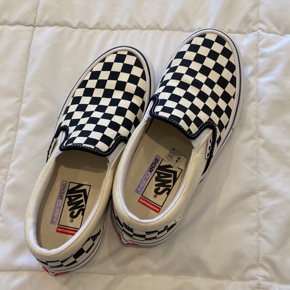 Vans checkered pop cush slip ons